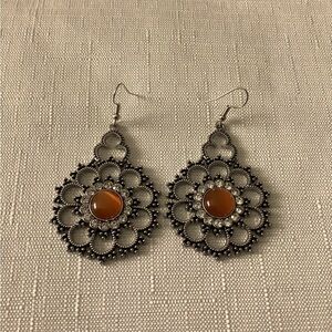 Amber Color Round SilverTone Earrings
